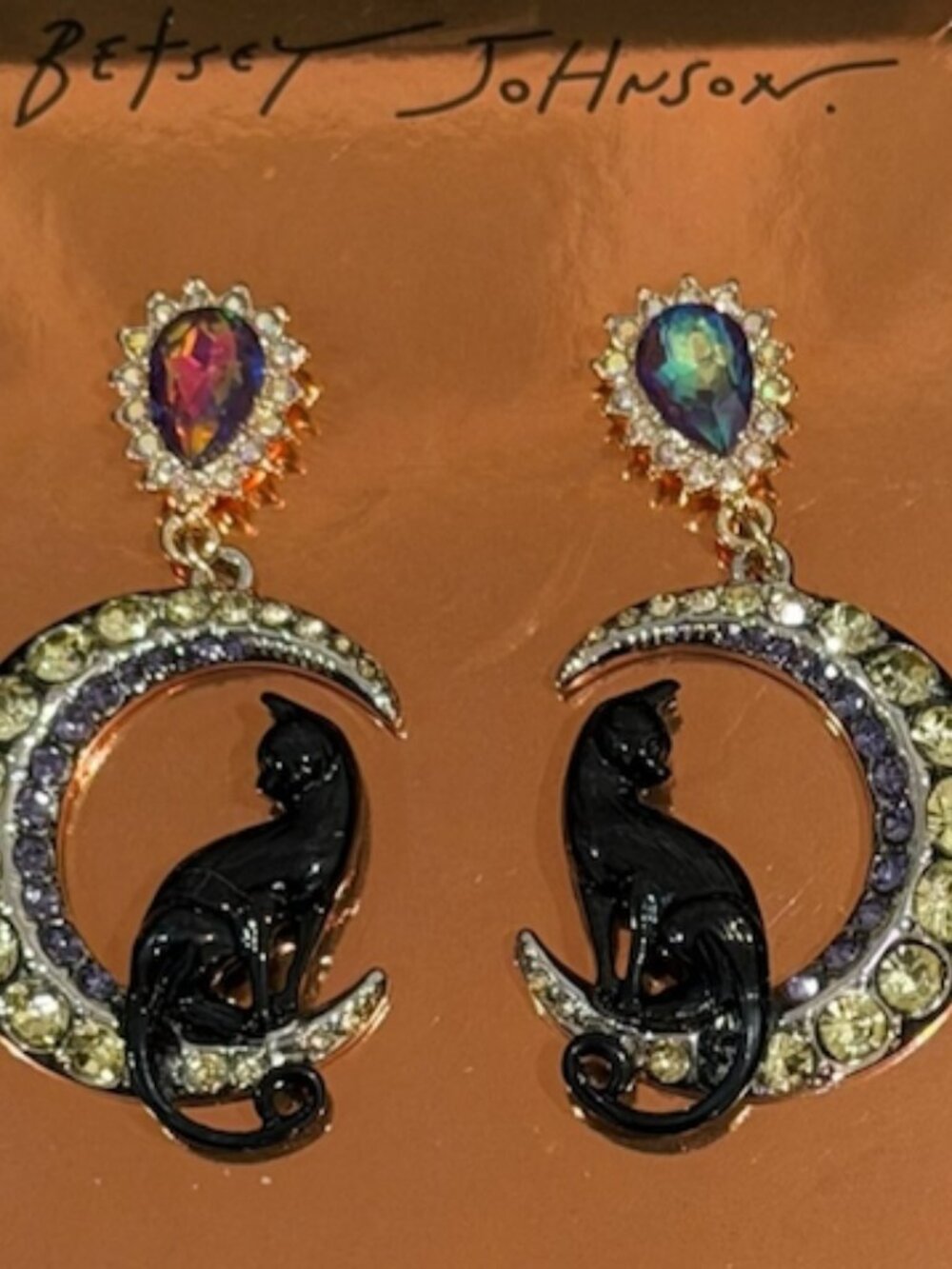 Betsey Johnson Black Cat Crescent Moon Halloween Drop Crystal Jewel Earrings NIB